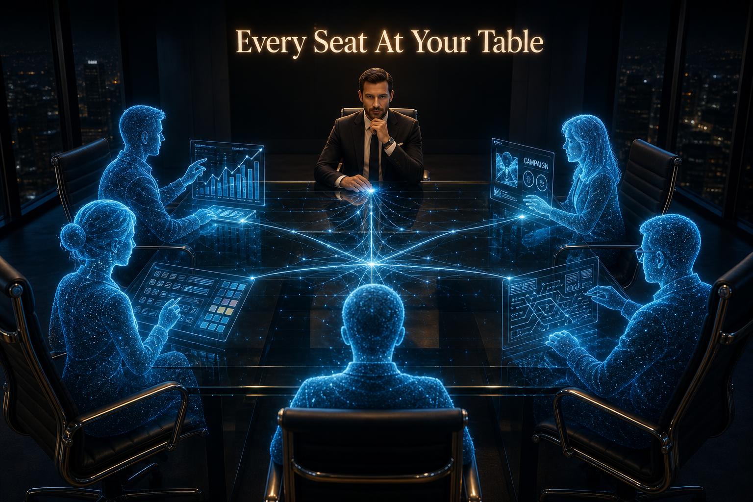 Holographic AI consultant filling every seat at a boardroom table