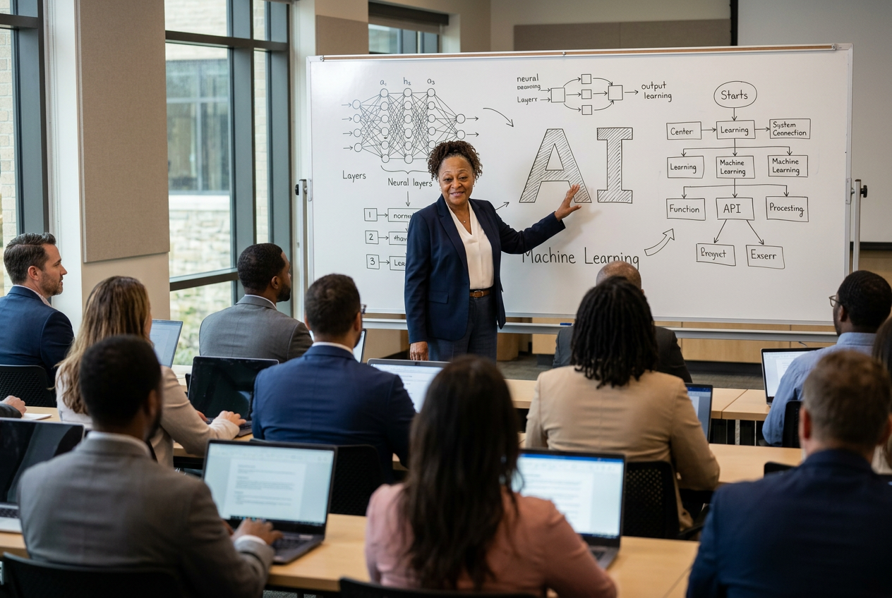 Muntie Ev at the front of the classroom teaching AI concepts at the whiteboard